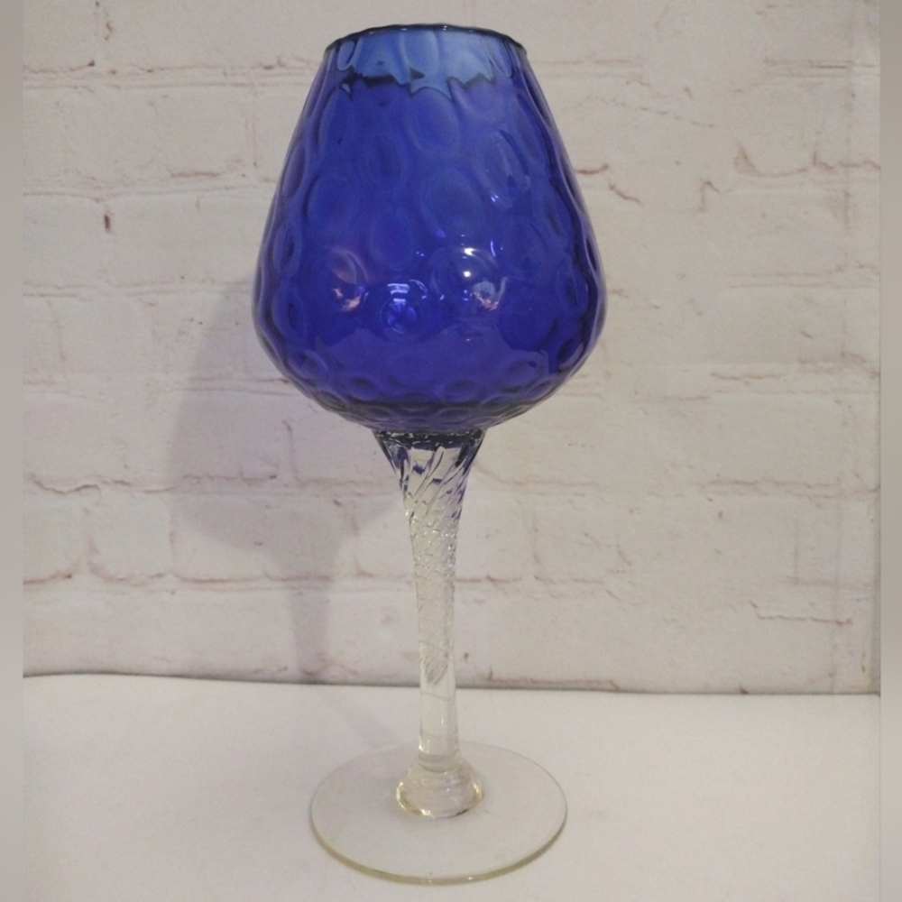 Empoli Cobalt Blue Optic Glass  Long Swirled Stemmed Chalice Goblet 10" Italy